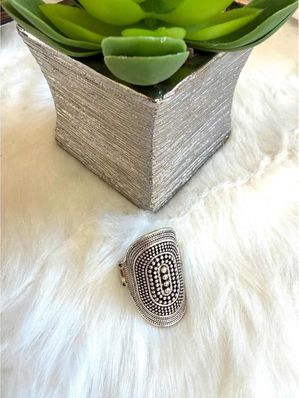 Vintage Bohemian Style Silver Tone Adjustable Statement Ring